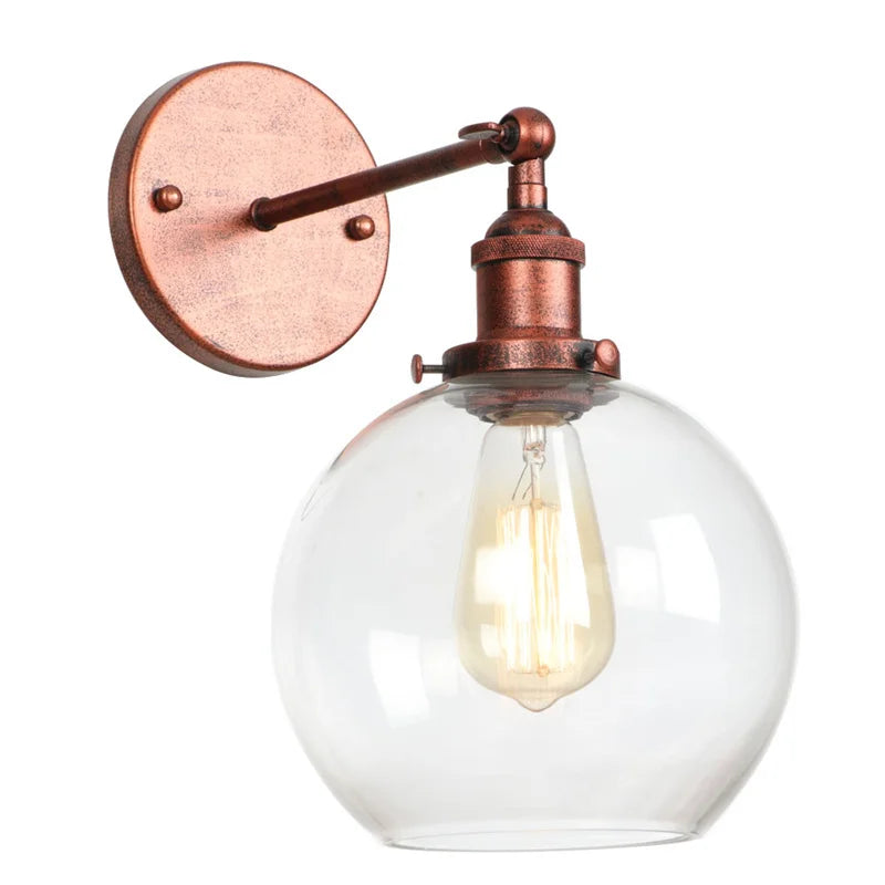 Afralia™ Glass Globe LED Wall Light Fixture Single Arm Bedside Lamp Vintage Industrial Style