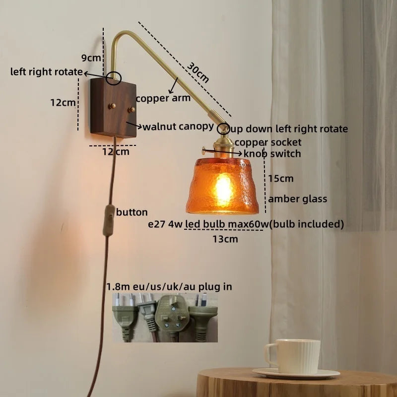 Walnut Copper LED Wall Lights Modern Bedside Lamp Applique Da Parete