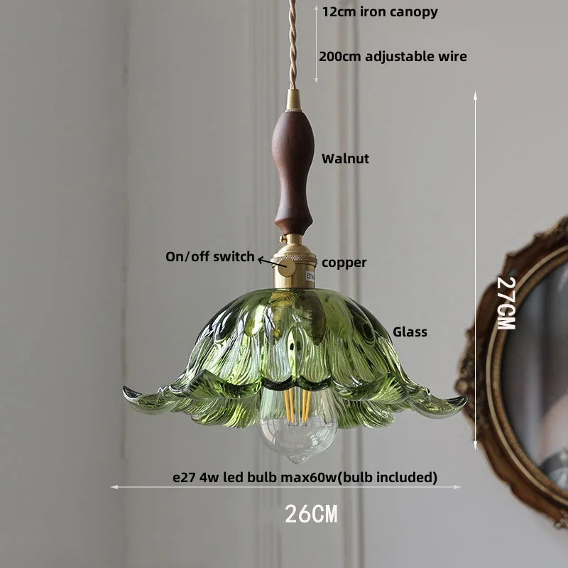 Amber Glass Pendant Light Fixture with Copper Knob Switch