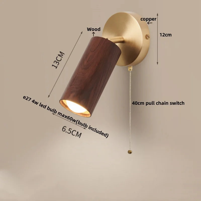Wood Nordic LED Wall Light - Modern Copper Canopy Bedside Lamp