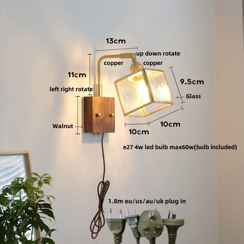 Wood Cube Glass LED Wall Lights with Pull Chain Switch for Modern Interiors