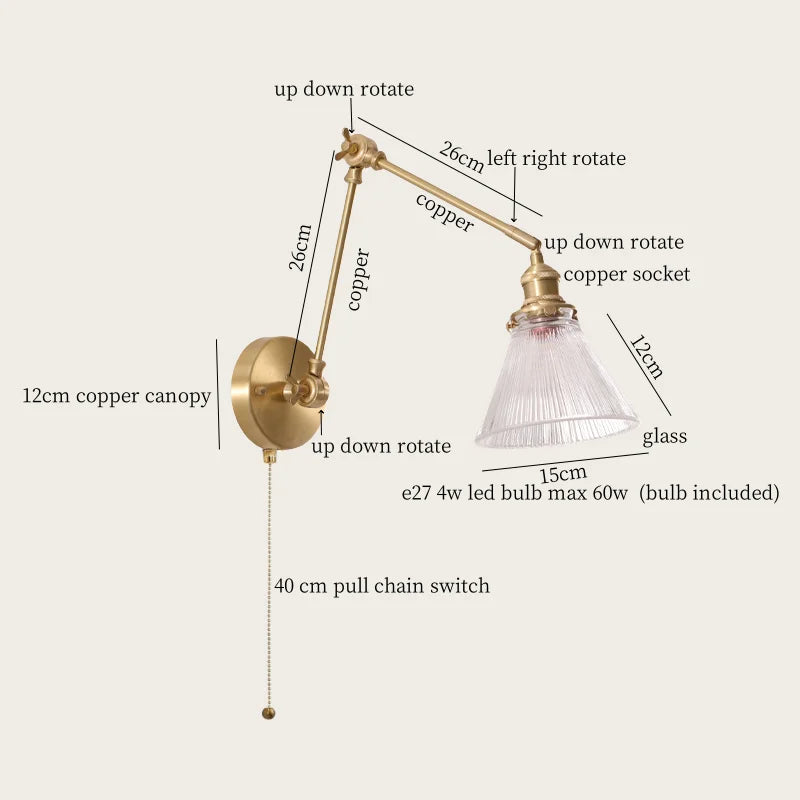 Afralia™ Cream Resin LED Wall Lights with Pull Chain Switch - Vintage Copper Bedside Lamp