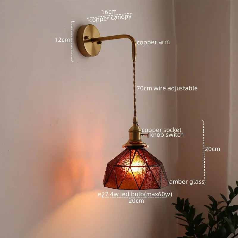 Copper Glass Pull Chain LED Wall Sconce for Indoor Living Room Stairway Lighting
