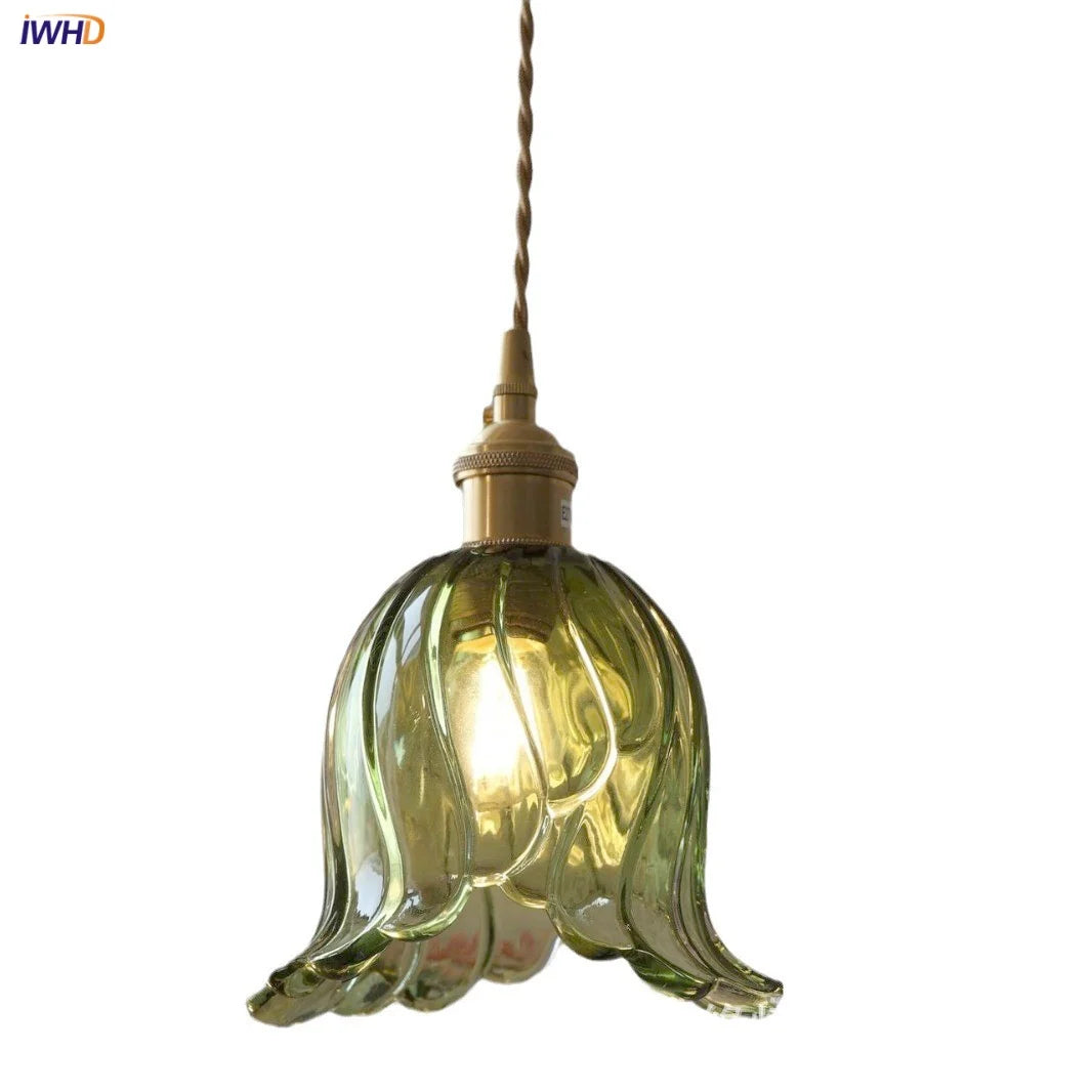 Nordic Green Glass LED Pendant Lamp for Dining Room, Adjustable Modern Stair Hanging Light