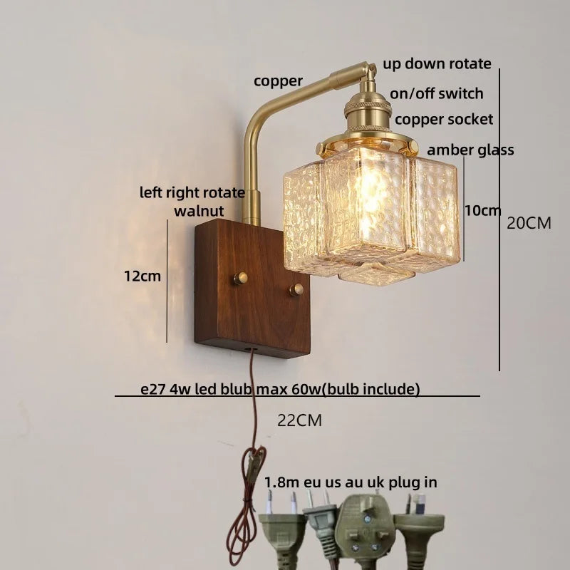 Amber Glass LED Wall Sconce with Walnut Wood, Pull Chain Switch for Living Room