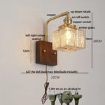 Amber Glass LED Wall Sconce with Walnut Wood, Pull Chain Switch for Living Room