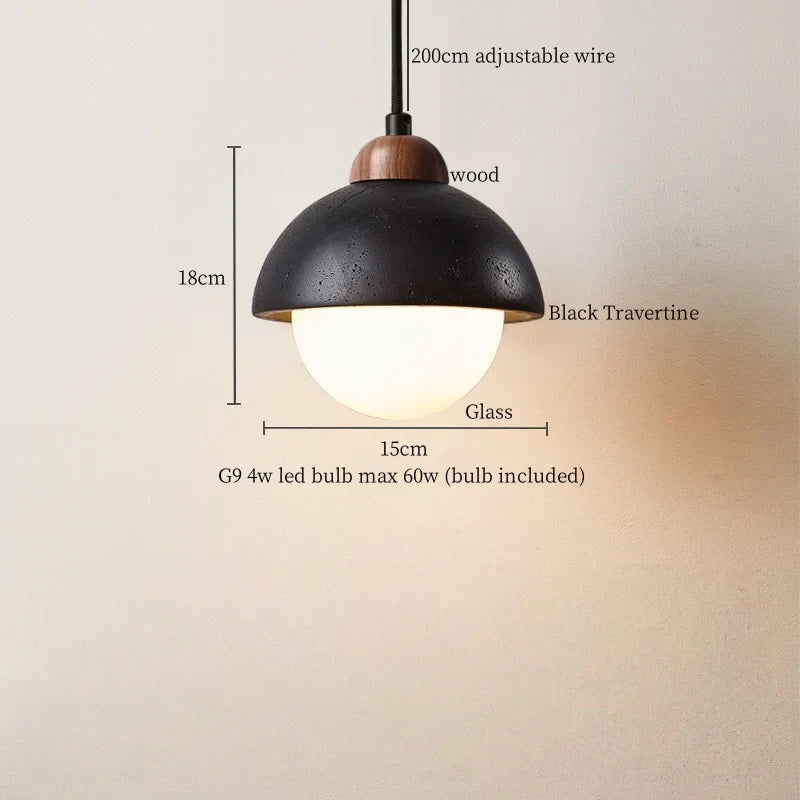 Glass Ball LED Pendant Lights Black Travertine Wabi Sabi Hanging Lamp