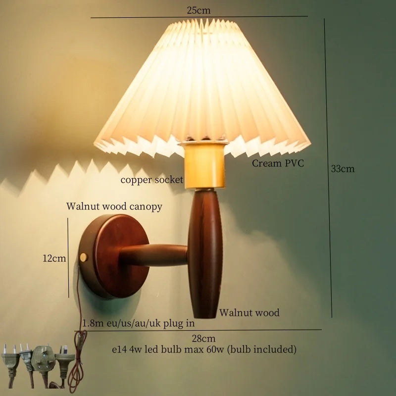 Pleated Fabric LED Wall Sconce Lamp Walnut Wood Light