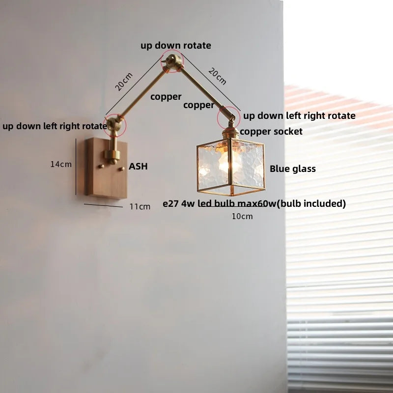 Ash Wood LED Swing Arm Wall Light with Pull Chain Switch & Blue Glass