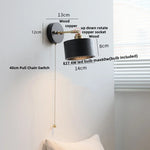 Black Wood LED Wall Light with Pull Chain Switch, Rotating Japanese Style Bedside Lamp