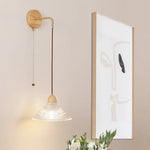 Clear Glass LED Wall Lights with Wood Pull Chain Switch, Modern Art Bedside Lamp