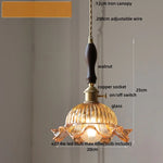 Afralia™ Nordic LED Flower Glass Pendant Light Fixture with Walnut Wood - Amber Glass