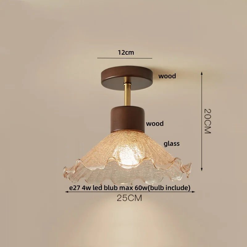 Amber Ice Crack Glass Wood Ceiling Light - Nordic Modern LED Fixture