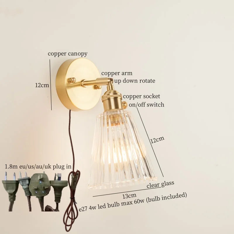 Afralia™ Striped Glass LED Wall Sconce Copper Arm Vintage Lampara Pared