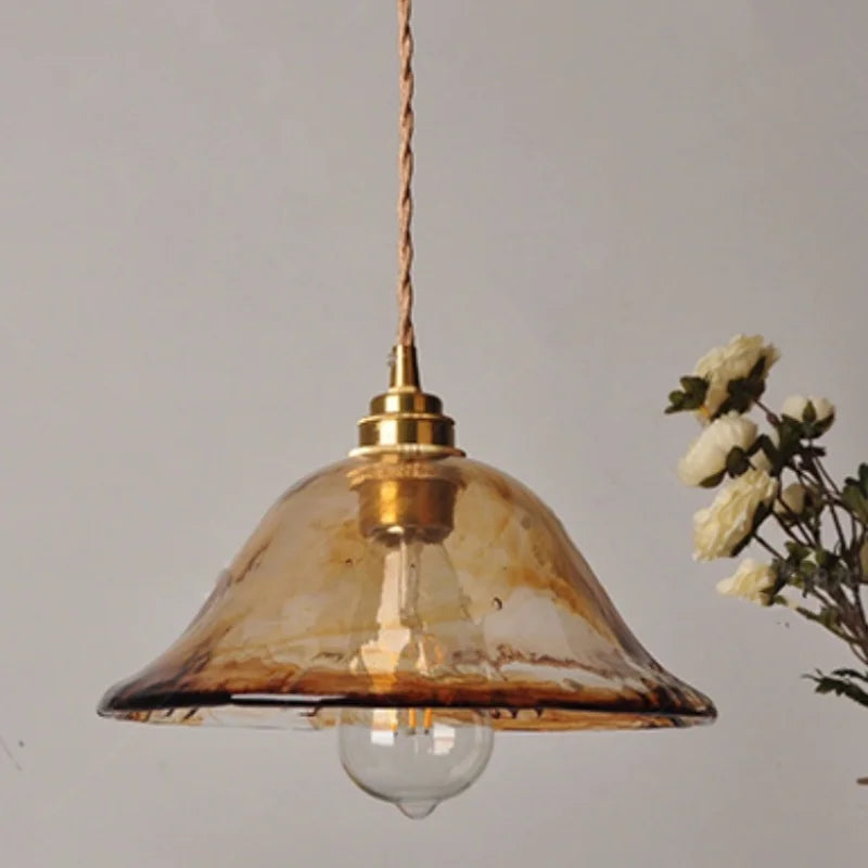 Amber Glass LED Pendant Light Fixture, Vintage E27 Copper Hanging Lamp