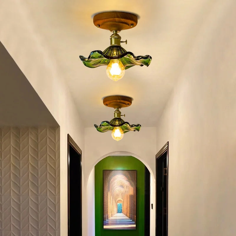 Green Glass LED Ceiling Lamp Nordic Wood Copper Ceiling Lights