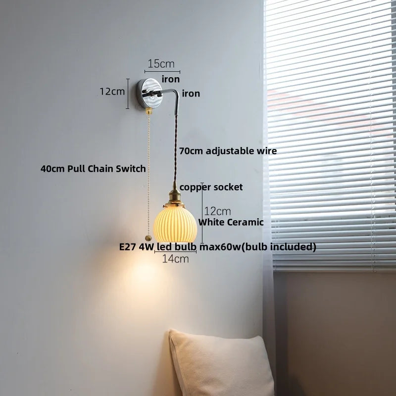 Ceramic LED Wall Sconce Pull Chain Switch Mirror Light Fixture