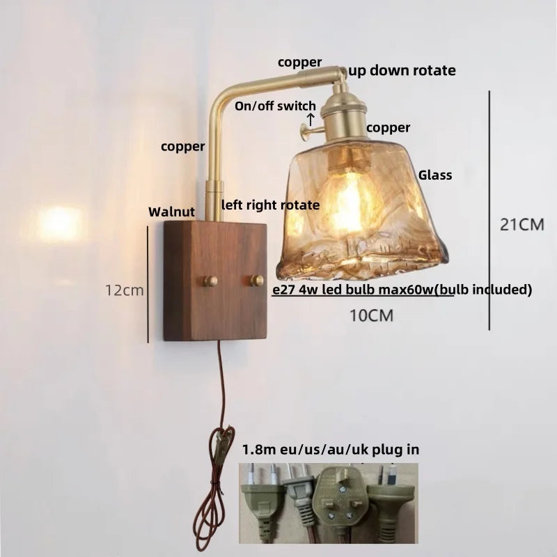 Walnut Wood LED Wall Lamp Sconce with Pull Chain Switch Rotation Mirror Light