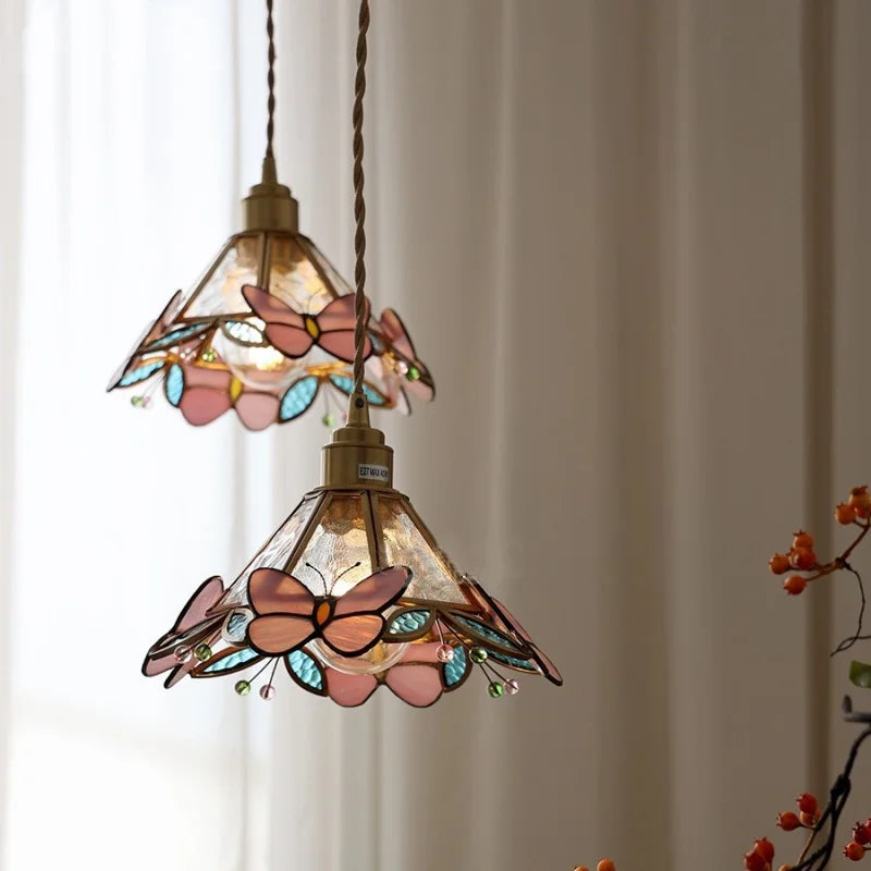 Butterfly Glass Flower LED Pendant Lamp – Tiffany Style Adjustable Hanging Lamp