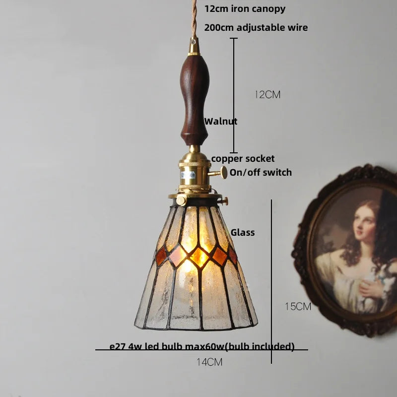 LED Adjustable Pendant Light Fixture Amber Glass Walnut Wood Bar Hanging Lamp