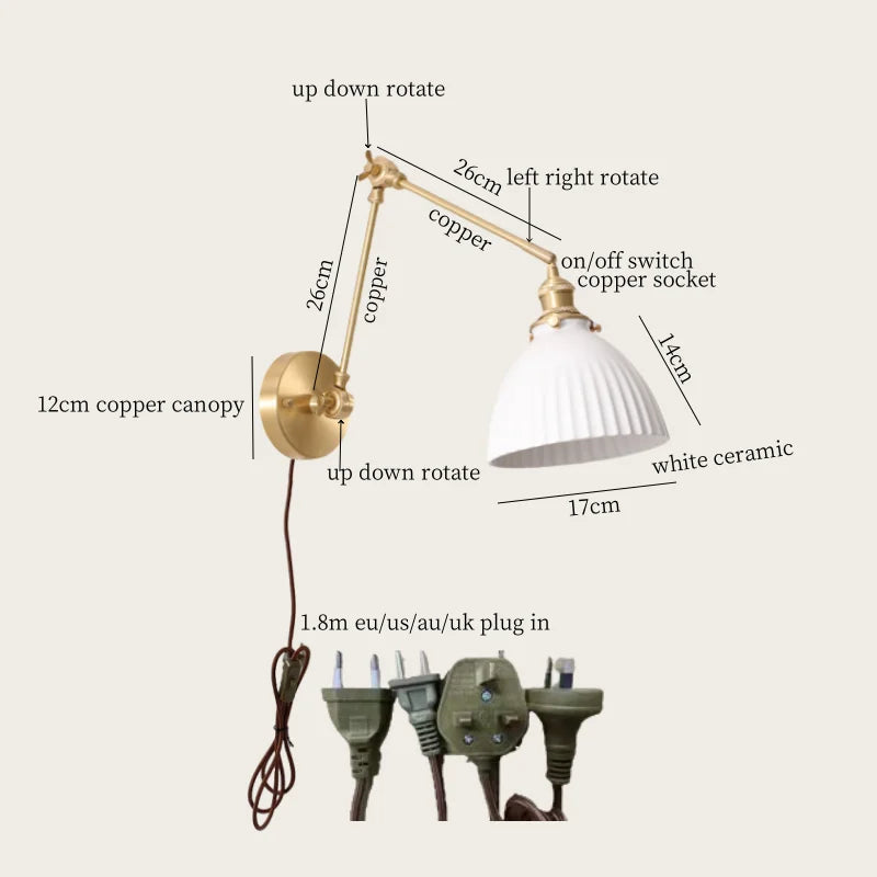 Ceramic LED Wall Lamp, Pull Chain Switch, Nordic Copper, Small Size