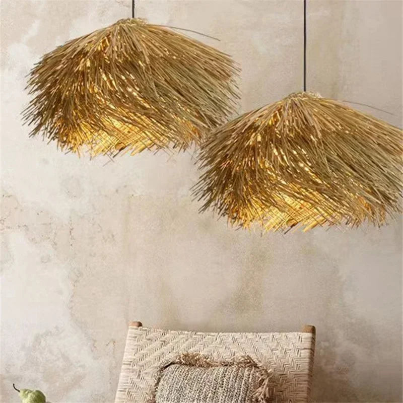 Wabi Sabi Rattan Straw Hat Pendant Chandelier - Nordic Retro B&B Suspended Lamp
