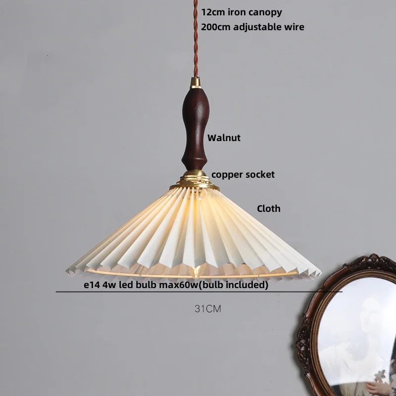 Walnut Wood LED Pendant Lights Japan Style Hanging Lamp Bouffant Cloth