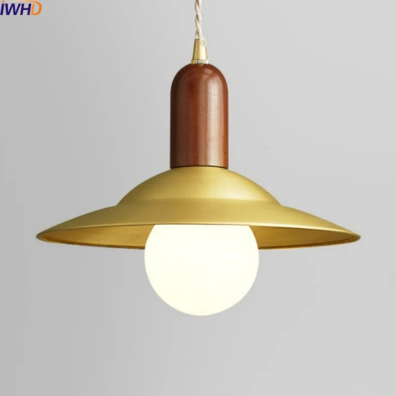 Modern Copper Wood LED Pendant Lamp for Living Dining Bedroom, Nordic Design