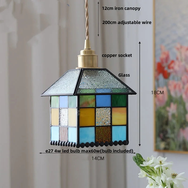 Colorful Glass Magic Cube LED Pendant Lights Tiffany Style Wood Hang Lamp