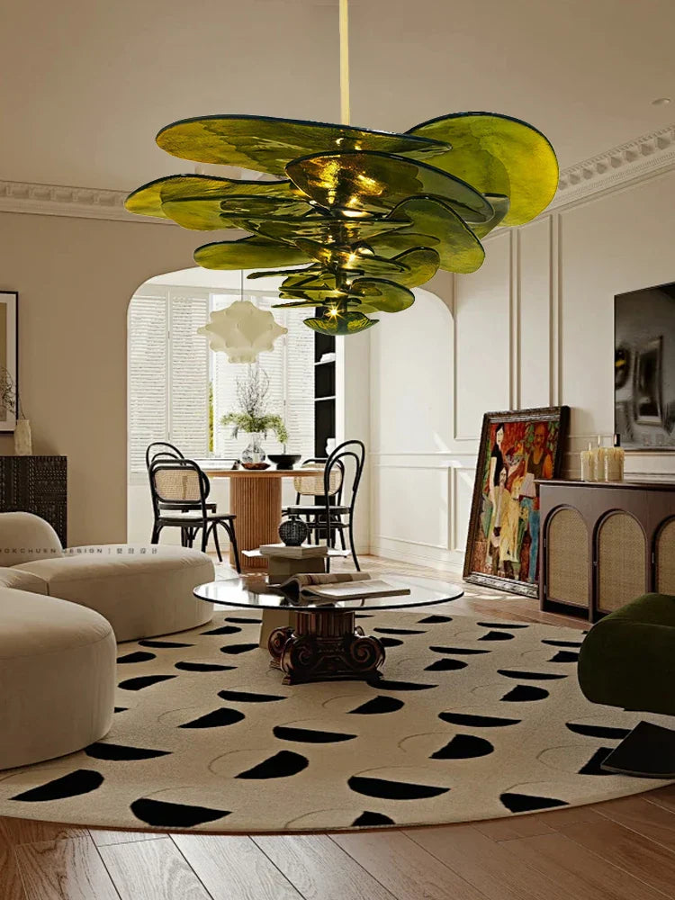 Amber Glass Ceiling Chandelier for Elegant Living Room Decor.