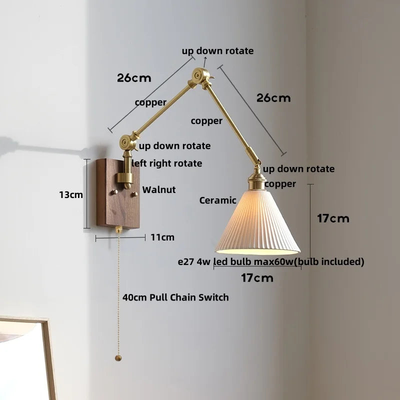 Walnut Wood LED Wall Light with Pull Chain Switch & Rotatable Amber Glass
