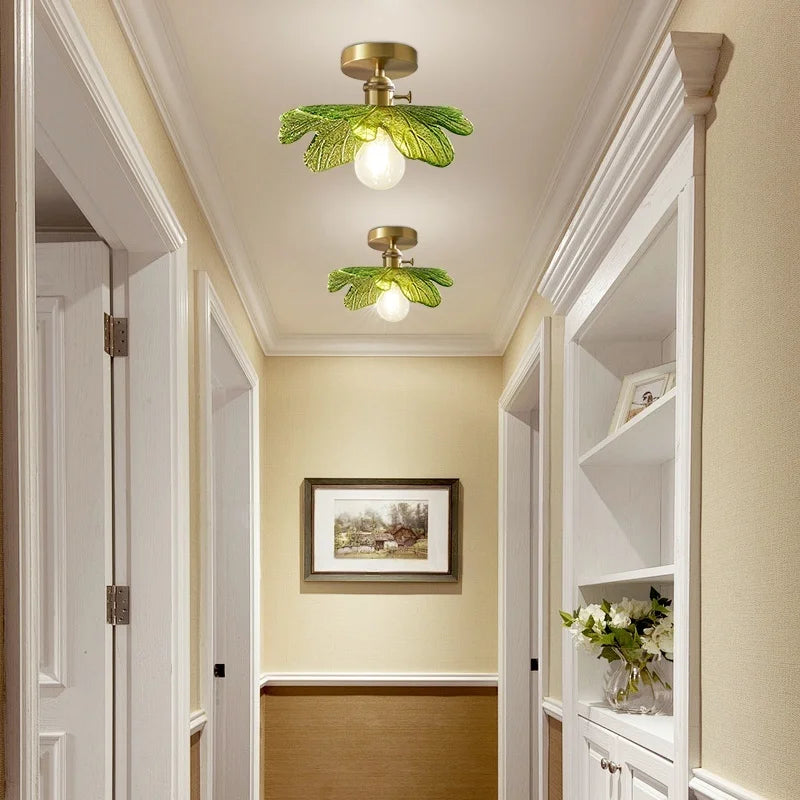 Green Flower Glass Copper Ceiling Light - Nordic Modern LED, Living Room Bedroom Hallway Fixtures
