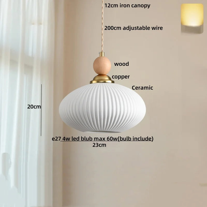 White Ceramic LED Pendant Lamp Copper Modern Wood Nordic Hanging Lights