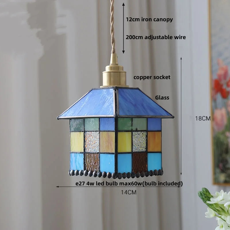 Afralia™ Magic Cube LED Pendant Lights Glass Walnut Wood Tiffany Style Hang Lamp