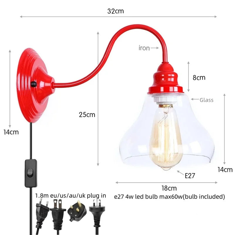 Afralia™ Edison Red LED Wall Lights - Iron Industrial Vintage Bedside Lamp