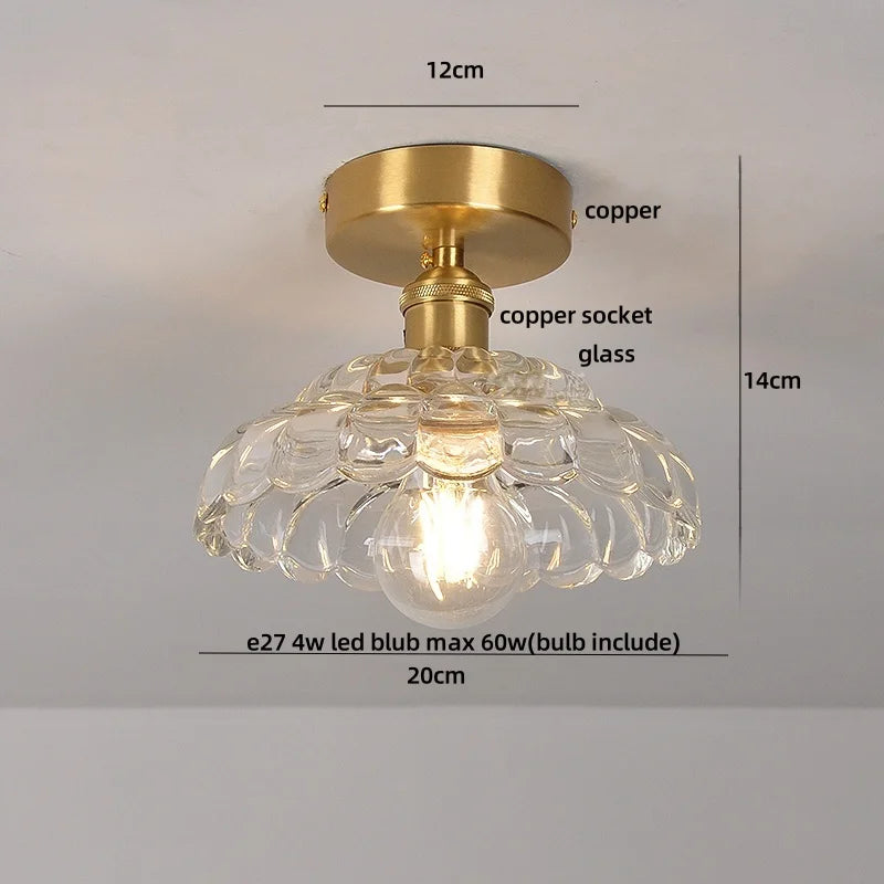 White Glass LED Ceiling Light Fixture with Wood Copper Canopy