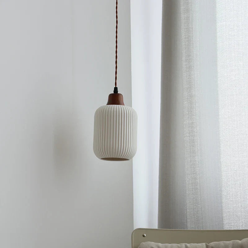 Nordic LED Pendant Light White Ceramic Walnut Wood Hanging Lamp