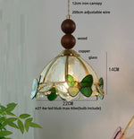 Pink Butterfly LED Pendant Light Fixture Tiffany Glass Wood Ball Hang Lamp