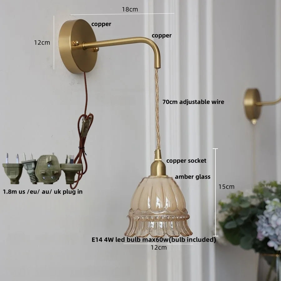 Amber Glass LED Wall Light with Pull Chain Switch, Modern Nordic Flower Wall Sconce