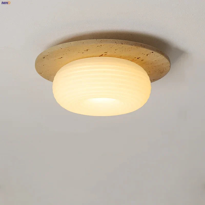 Yellow Travertine LED Ceiling Light Fixture for Living Room Dining Cafe White PE Lampshade