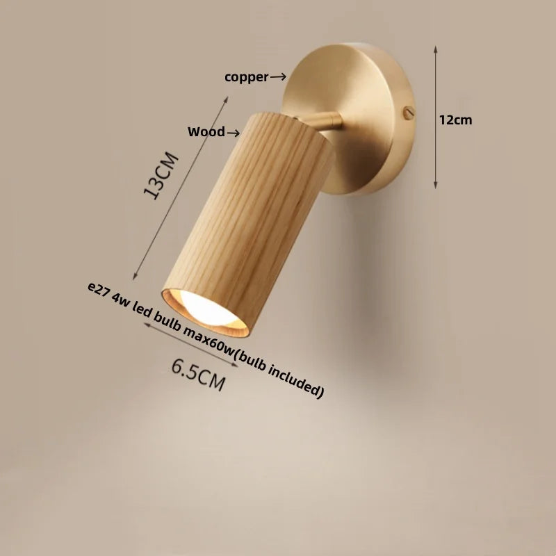 Wood Nordic LED Wall Light - Modern Copper Canopy Bedside Lamp