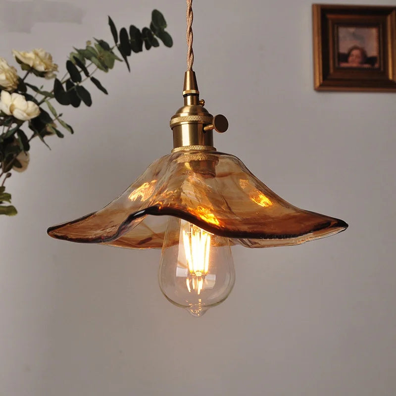 Amber Glass Pendant Light Fixture with Copper Knob Switch