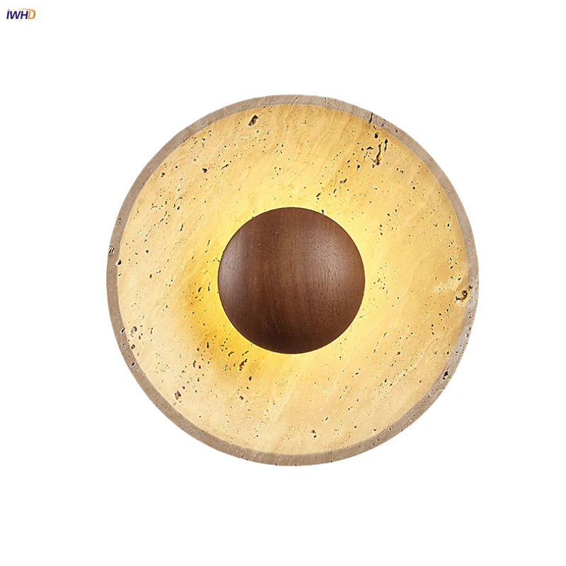 Retro Wood LED Wall Sconce, Yellow Travertine Stone Room Decor Stair Light