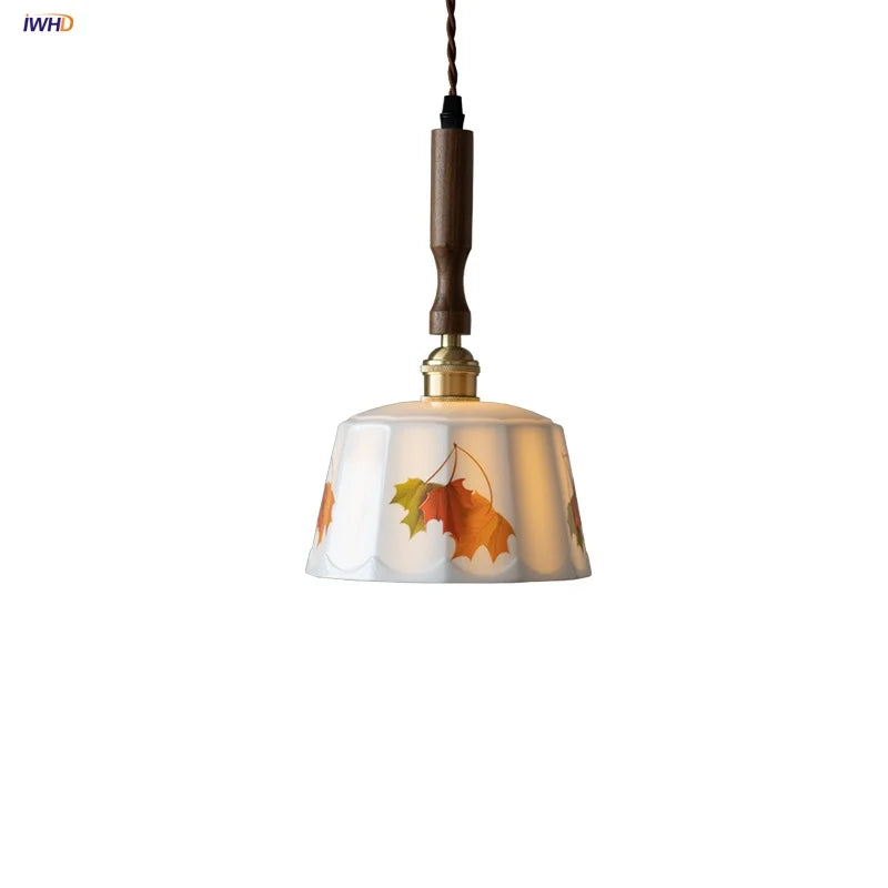 Brown Wood LED Pendant Light - Nordic Modern White Ceramic Hanging Lamp