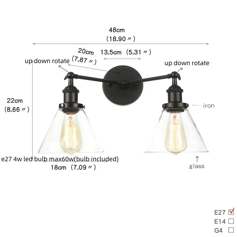 Black LED Wall Sconce 2-Head Lamp for Bedroom Bathroom Mirror