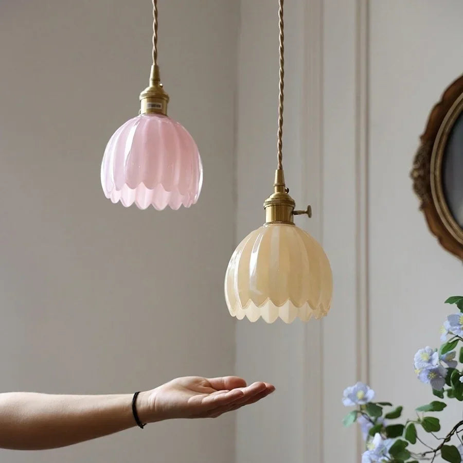 Afralia™ Pink Flower Glass LED Pendant Light Fixture - Modern Nordic Hanging Lamp