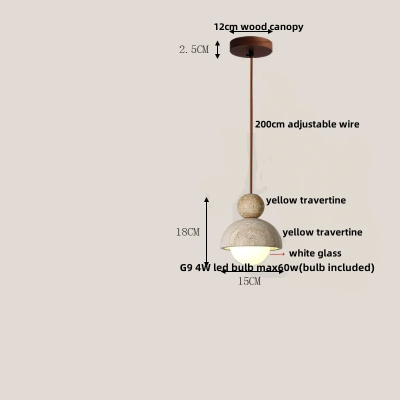 Yellow Travertine LED Pendant Lamp with Natural Wood Accent