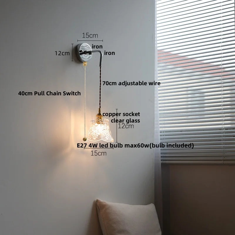 White Glass LED Wall Lights with Pull Chain Switch - Nordic Modern Bedside Lamp