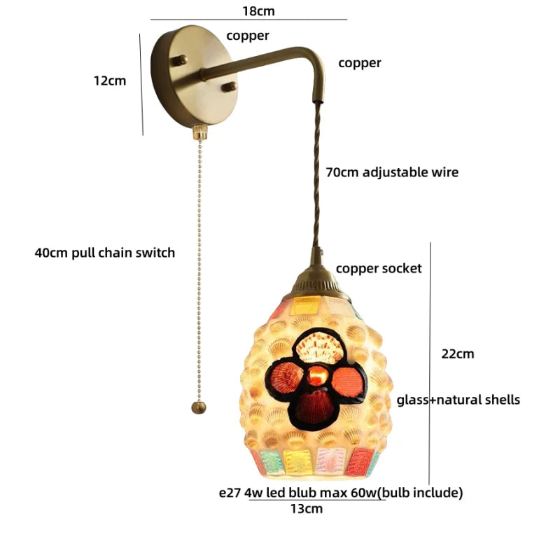 Amber Glass LED Wall Sconce with Pull Chain Switch for Bedroom and Bathroom