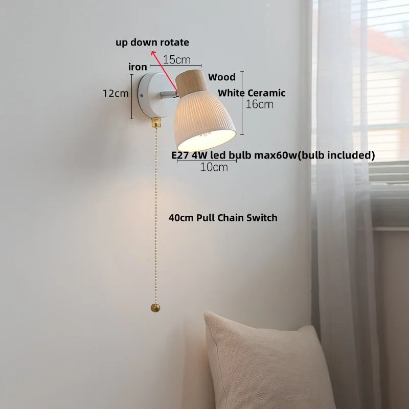 Afralia™ White Ceramic LED Wall Light with Pull Chain Switch and Wood Base